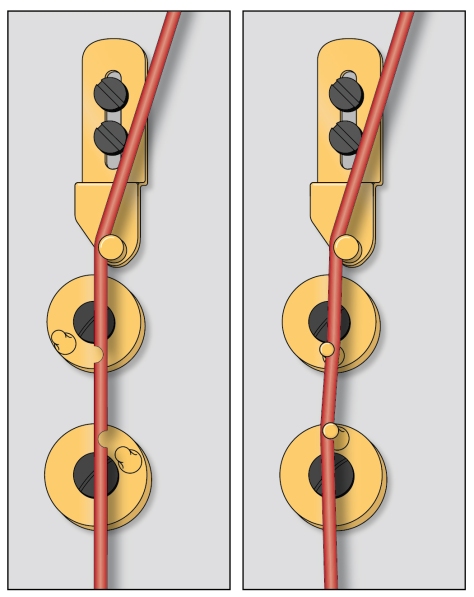 Worn away strings will not be gripped as well. They will be out of tune when you change pedal positions and will probably snap against the discs as well.